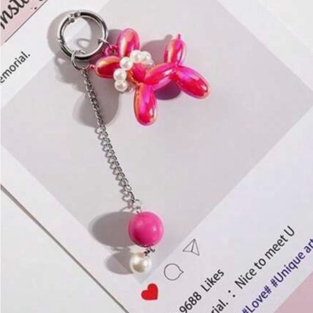 Pink Balloon Dog Keychain with Pearls